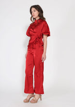 Load image into Gallery viewer, Side Twist Knot Mock Neck Puff Sleeve Satin Top
