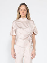 Load image into Gallery viewer, Side Twist Knot Mock Neck Puff Sleeve Satin Top
