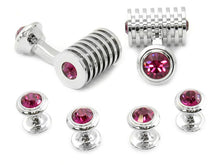 Load image into Gallery viewer, Men&#39;s Silver Fuschia Swarovski Barrel Cufflinks and Studs
