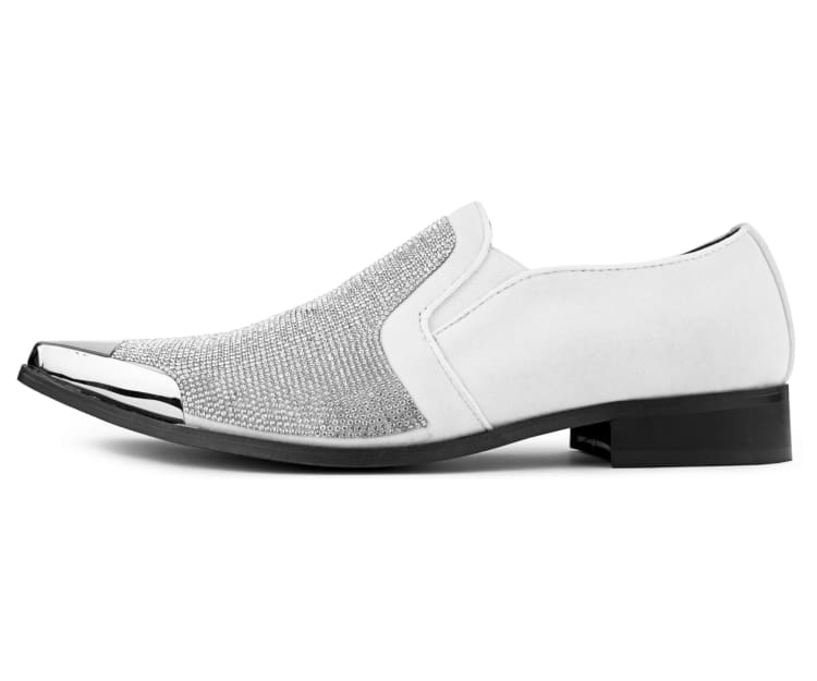 Bolano Dezzy Rhinestone Encrusted Smoking Slip-on Tuxedo Men's Dress Shoes | Dezzy White