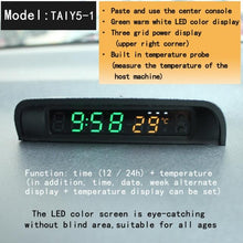 Load image into Gallery viewer, Solar Car Digital Clock Thermometer Dual Color Display Smart Switch High Precision LED Digital Clock Dashboard Solar Powered Car Electronic Clock Stick-On Luminous Car Clock Dashboard Auto Clock Car Watch Clock with Adjustable Brightness Date Temperature
