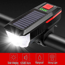 Load image into Gallery viewer, Solar Charging Bicycle Light LED Road Mountain Bike Front Light Waterproof Bicycle Bell Light Rechargeable Headlight Horn Solar Powered USB 3 Mode Bicycle Headlight Combinations Front Light And Bell For Cycling Riding
