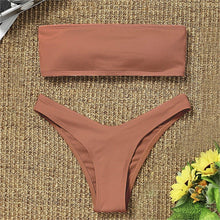 Load image into Gallery viewer, Solid Bikini Swimsuit Women Bikini Set Women Strapless Ribbed  Bikini Set Lace Up High Cut Two Piece Swimsuit Bathing Suit Two Piece Tube Top Swimwear Female Bather Swimming Suit
