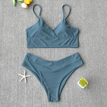 Load image into Gallery viewer, Solid Swimsuit Women Bikini Push Up Women's Crisscross Halter Bandage Bikini Strappy Bottom Swimsuits Swimwear Bikini Set Bathing Suit Two Piece Swim Suit Female
