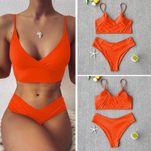Load image into Gallery viewer, Solid Swimsuit Women Bikini Push Up Women's Crisscross Halter Bandage Bikini Strappy Bottom Swimsuits Swimwear Bikini Set Bathing Suit Two Piece Swim Suit Female
