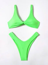 Load image into Gallery viewer, Solid Tie  Bikini Padded Bra High Leg Bandage Push Up Bikini Set Brazilian Swimsuit Women Swimwear Rib Bikini Set High Cut Spaghetti Strap Two Piece Swimsuit Bathing Suit
