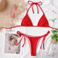Load image into Gallery viewer, Solid Triangle Bikini Swimwear Women Bandage Backless Two Pieces Swimsuit Women Beachwear Set Women's Halter Triangle Bikini Thong Bottom  Cheeky Two Piece Swimsuits
