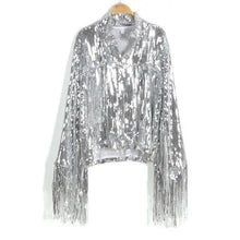 Load image into Gallery viewer, Sterlling Women's Tassel Sequin Jacket Autumn Winter Streewear Rock Stylish Long-sleeved Silver Reflective Jacket Women Outwear Tops

