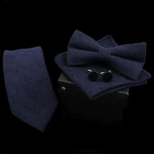 Load image into Gallery viewer, Stylish Solid Color Polyester Tie Bowtie Handkerchief Cufflinks Set For Men Butterfly Wedding Party Necktie Men&#39;s Fashion Bowtie
