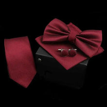Load image into Gallery viewer, Stylish Solid Color Polyester Tie Bowtie Handkerchief Cufflinks Set For Men Butterfly Wedding Party Necktie Men&#39;s Fashion Bowtie
