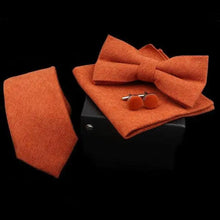 Load image into Gallery viewer, Stylish Solid Color Polyester Tie Bowtie Handkerchief Cufflinks Set For Men Butterfly Wedding Party Necktie Men&#39;s Fashion Bowtie
