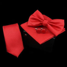 Load image into Gallery viewer, Stylish Solid Color Polyester Tie Bowtie Handkerchief Cufflinks Set For Men Butterfly Wedding Party Necktie Men&#39;s Fashion Bowtie
