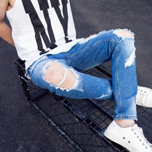 Load image into Gallery viewer, Summer Big Ripped Oversized Jeans Men's Cropped Jeans Men's Trendy K-style Beggar Scrape Cropped Ripped Pants

