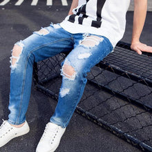 Load image into Gallery viewer, Summer Big Ripped Oversized Jeans Men's Cropped Jeans Men's Trendy K-style Beggar Scrape Cropped Ripped Pants
