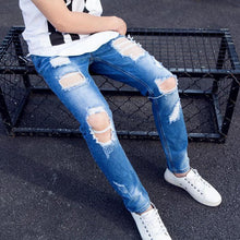 Load image into Gallery viewer, Summer Big Ripped Oversized Jeans Men's Cropped Jeans Men's Trendy K-style Beggar Scrape Cropped Ripped Pants
