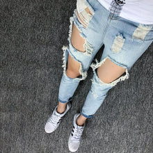 Load image into Gallery viewer, Summer Big Ripped Oversized Jeans Men's Cropped Jeans Men's Trendy K-style Beggar Scrape Cropped Ripped Pants
