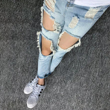 Load image into Gallery viewer, Summer Big Ripped Oversized Jeans Men's Cropped Jeans Men's Trendy K-style Beggar Scrape Cropped Ripped Pants
