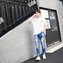 Load image into Gallery viewer, Summer Big Ripped Oversized Jeans Men's Cropped Jeans Men's Trendy K-style Beggar Scrape Cropped Ripped Pants
