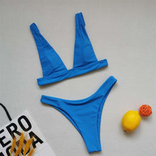 Load image into Gallery viewer, Summer Bikini Stylish Swimwear Women Halter Push Up Bikini Women's  Neck Triangle Bikini Set Leopard Print Two Piece Swimsuits Set Swimsuit Female Lemon Print Bandage Bathing Suit
