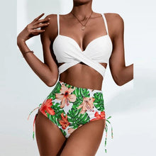 Load image into Gallery viewer, Summer Floral Print Bikini Swimsuit Women 3 Piece High-Waist Bikini Set Swimwear Female Push-Up Bathing Suit Tropical High Waist Wrap Swimsuit With Beach Cover Ups Soft And Breathable Summer Bikini
