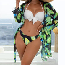Load image into Gallery viewer, Summer Floral Print Bikini Swimsuit Women 3 Piece High-Waist Bikini Set Swimwear Female Push-Up Bathing Suit Tropical High Waist Wrap Swimsuit With Beach Cover Ups Soft And Breathable Summer Bikini
