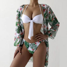Load image into Gallery viewer, Summer Floral Print Bikini Swimsuit Women 3 Piece High-Waist Bikini Set Swimwear Female Push-Up Bathing Suit Tropical High Waist Wrap Swimsuit With Beach Cover Ups Soft And Breathable Summer Bikini
