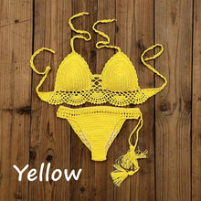 Load image into Gallery viewer, Summer Hand Crochet Women Swimwear Crop Top Push Up Bikini Set Beach Swimsuit Suit Tassel Swim Beach Beachwear Bikini Bra Bikini Swimsuit Women Beach Crochet Crop Summer Halter Bikini

