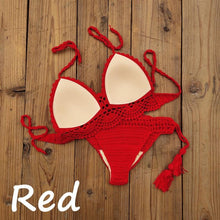 Load image into Gallery viewer, Summer Hand Crochet Women Swimwear Crop Top Push Up Bikini Set Beach Swimsuit Suit Tassel Swim Beach Beachwear Bikini Bra Bikini Swimsuit Women Beach Crochet Crop Summer Halter Bikini
