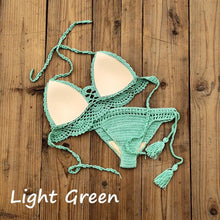 Load image into Gallery viewer, Summer Hand Crochet Women Swimwear Crop Top Push Up Bikini Set Beach Swimsuit Suit Tassel Swim Beach Beachwear Bikini Bra Bikini Swimsuit Women Beach Crochet Crop Summer Halter Bikini
