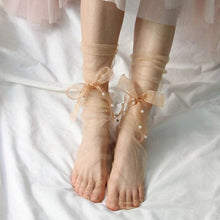 Load image into Gallery viewer, Summer Ultra-Thin Tulle Socks Women Transparent Pearls Long Socks Female Chiffon Lace Up Funny Socks Streetwear See Through Socks Princess Cute Socks For Women
