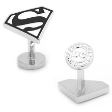 Load image into Gallery viewer, Men&#39;s Licensed Superman Shield Cufflinks in Black and White Enamel
