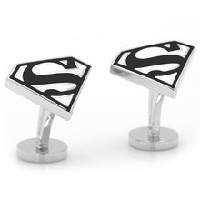 Load image into Gallery viewer, Men&#39;s Licensed Superman Shield Cufflinks in Black and White Enamel
