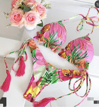Load image into Gallery viewer, Tassel Leaves Print Woman Swimsuit Women's Two Piece Swimsuit Floral Print Bikini Sets New Comfortable Beach Bikini Bathing Suit Halter Triangle Lace Up Swimwear For Women
