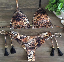 Load image into Gallery viewer, Tassel Leaves Print Woman Swimsuit Women's Two Piece Swimsuit Floral Print Bikini Sets New Comfortable Beach Bikini Bathing Suit Halter Triangle Lace Up Swimwear For Women
