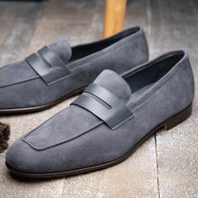 Load image into Gallery viewer, 16-672-GRY Tippa Suede &amp; Calfskin Penny Loafers Grey
