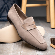 Load image into Gallery viewer, 16-672-TPE Tippa Suede &amp; Calfskin Penny Loafers Taupe
