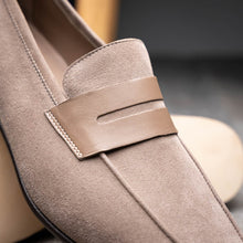 Load image into Gallery viewer, 16-672-TPE Tippa Suede &amp; Calfskin Penny Loafers Taupe
