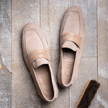 Load image into Gallery viewer, 16-672-TPE Tippa Suede &amp; Calfskin Penny Loafers Taupe
