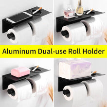 Load image into Gallery viewer, Toilet Paper Holder Phone Bathroom Roll Holder Aluminum Paper Holder with Shelf Black Double Paper Towel Holder Wall Mount Tissue Roll Hanger With Storage Shelf Space Aluminum Self Adhesive With Glue Wall Mount With Screws
