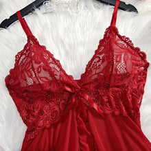 Load image into Gallery viewer, Seductive Lace Nightdress &amp; Panty Set - Transparent Red Sleepwear for Confident Women
