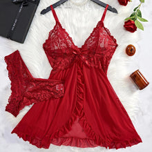 Load image into Gallery viewer, Seductive Lace Nightdress &amp; Panty Set - Transparent Red Sleepwear for Confident Women
