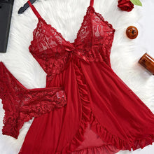 Load image into Gallery viewer, Seductive Lace Nightdress &amp; Panty Set - Transparent Red Sleepwear for Confident Women
