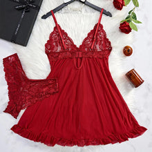 Load image into Gallery viewer, Seductive Lace Nightdress &amp; Panty Set - Transparent Red Sleepwear for Confident Women
