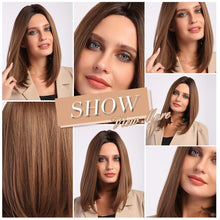Load image into Gallery viewer, Treding Bob Straight Brown Black Ombre Synthetic Wig Natural Short Wig for Women Middle Part Cosplay Wigs Heat Resistant Wigs For Black Women Wigs For Cosplay
