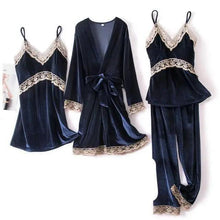 Load image into Gallery viewer, Trendy New Four Pieces Warm Winter Pajamas Sets Women Stylish Lace Robe Pajama Sleepwear Suit Sleeveless Nightwear Women's Sleepwear Set 4-Piece Women's Pajamas Elegant Comfortable Loungewear Satin Sleepwear with Robe Nightgown Pants
