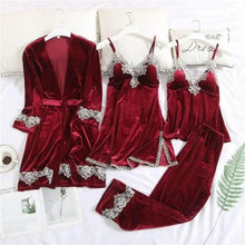 Load image into Gallery viewer, Trendy New Four Pieces Warm Winter Pajamas Sets Women Stylish Lace Robe Pajama Sleepwear Suit Sleeveless Nightwear Women's Sleepwear Set 4-Piece Women's Pajamas Elegant Comfortable Loungewear Satin Sleepwear with Robe Nightgown Pants
