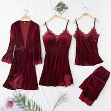 Load image into Gallery viewer, Trendy New Four Pieces Warm Winter Pajamas Sets Women Stylish Lace Robe Pajama Sleepwear Suit Sleeveless Nightwear Women's Sleepwear Set 4-Piece Women's Pajamas Elegant Comfortable Loungewear Satin Sleepwear with Robe Nightgown Pants
