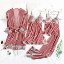 Load image into Gallery viewer, Trendy New Four Pieces Warm Winter Pajamas Sets Women Stylish Lace Robe Pajama Sleepwear Suit Sleeveless Nightwear Women's Sleepwear Set 4-Piece Women's Pajamas Elegant Comfortable Loungewear Satin Sleepwear with Robe Nightgown Pants
