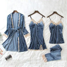 Load image into Gallery viewer, Trendy New Four Pieces Warm Winter Pajamas Sets Women Stylish Lace Robe Pajama Sleepwear Suit Sleeveless Nightwear Women's Sleepwear Set 4-Piece Women's Pajamas Elegant Comfortable Loungewear Satin Sleepwear with Robe Nightgown Pants
