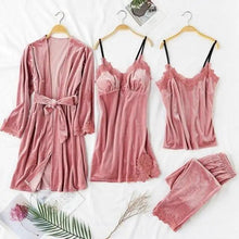 Load image into Gallery viewer, Trendy New Four Pieces Warm Winter Pajamas Sets Women Stylish Lace Robe Pajama Sleepwear Suit Sleeveless Nightwear Women's Sleepwear Set 4-Piece Women's Pajamas Elegant Comfortable Loungewear Satin Sleepwear with Robe Nightgown Pants
